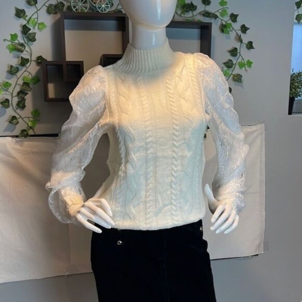 Zaful Mock Neck Cable Knit Lace Mesh Sleeve Ivory Sweater Size 4 - Picture 2 of 16